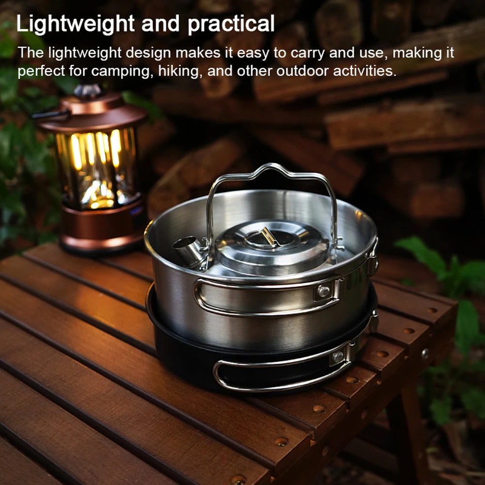 Alpine Outdoor Supplies stainless steel camping cookware set with pots, frying pan, and kettle for outdoor picnics and travel cooking