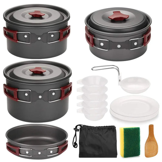 Alpine Outdoor Supplies non-stick camping cookware set with lightweight pans and pots for outdoor trekking, hiking, and picnics