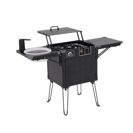 Portable Alpine Outdoor Supplies camping cookware set with table stove, foldable kitchen box for outdoor camping and hiking adventures.