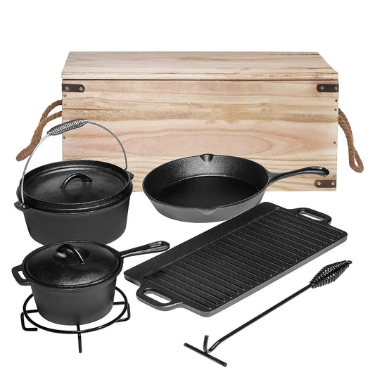 Camping Cooking Set Of 7. Pre Seasoned Cast Iron Pots And Pans Dutch Oven With Lids - Alpine Outdoor Supplies and More