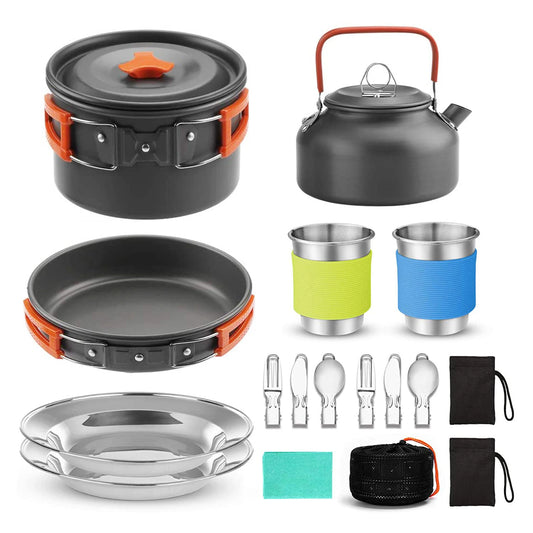 Alpine Outdoor Supplies camping cookware set for 2, compact outdoor cooking equipment for camping, hiking, and picnics.