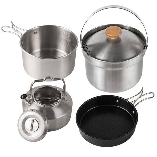 Alpine Outdoor Supplies stainless steel camping cookware set with pot, frying pan, and kettle for outdoor picnic and travel cooking.